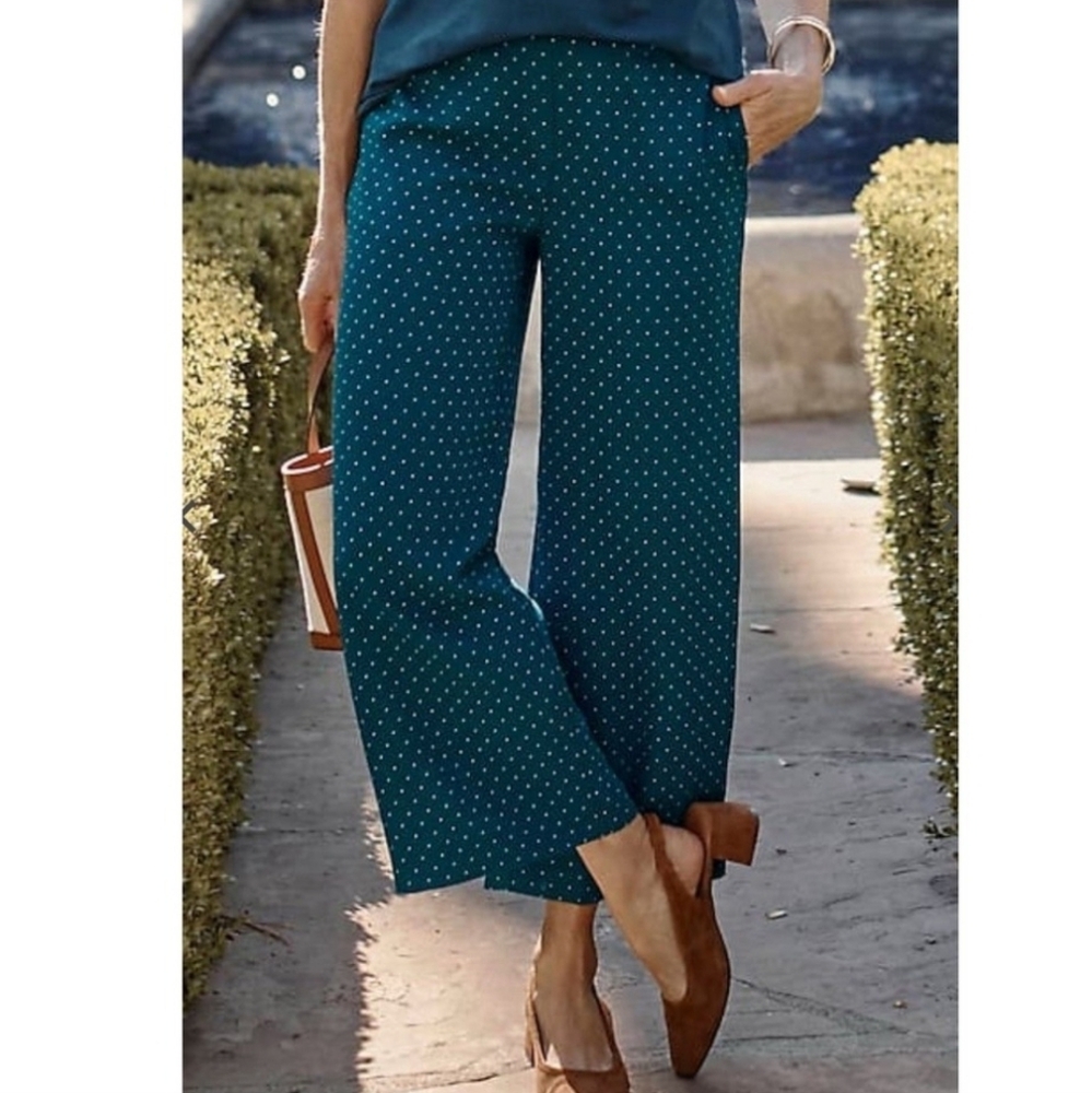 J‎ Jill Wearever Women's Dark Teal / Swiss Dot Wide Leg Cropped Pants Sz 3X